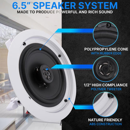 6.5 In-Wall Ceiling Speakers 200W Stereo Sound Polypropylene Cone White