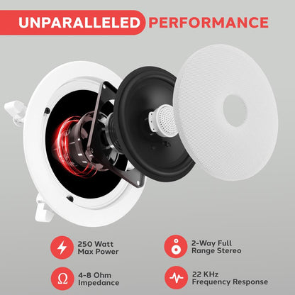 6.5 In-Wall/Ceiling Speakers Pair 250W Titanium Tweeter Flush Mount
