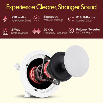 8 Bluetooth Ceiling Speakers 250W Polypropylene Cone Flush Mount