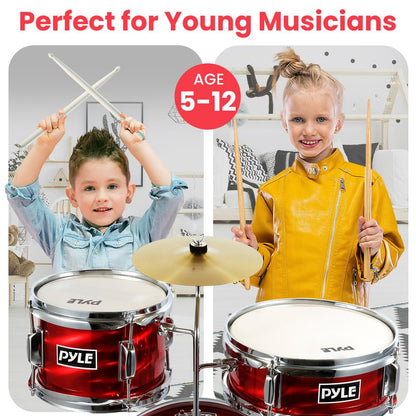 Kids Drum Set 3-Piece Beginner Kit Metallic Finish Adjustable Throne Red
