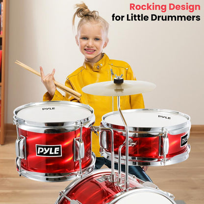 Kids Drum Set 3-Piece Beginner Kit Metallic Finish Adjustable Throne Red