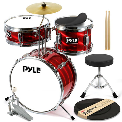 Kids Drum Set 3-Piece Beginner Kit Metallic Finish Adjustable Throne Red