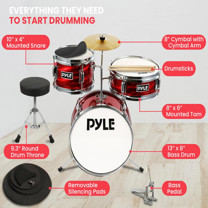 Kids Drum Set 3-Piece Beginner Kit Metallic Finish Adjustable Throne Red