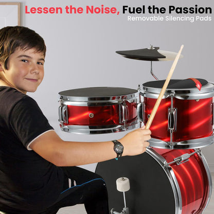 Kids Drum Set 3-Piece Beginner Kit Metallic Finish Adjustable Throne Red