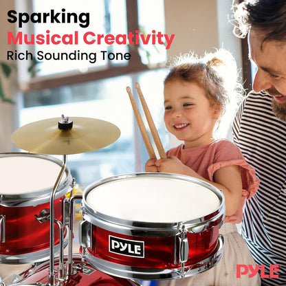Kids Drum Set 3-Piece Beginner Kit Metallic Finish Adjustable Throne Red
