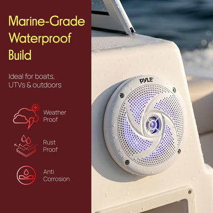 Marine Speakers Waterproof 180W LED Lights Low-Profile 5.25 Pair