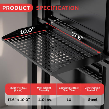1U Server Rack Shelf Ventilated Steel 110 lbs Capacity