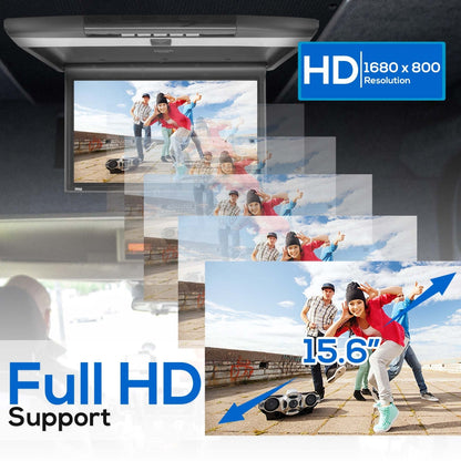 15.6 Flip-Down Car Monitor Hi-Res 1680x800p HDMI/USB Roof Mount