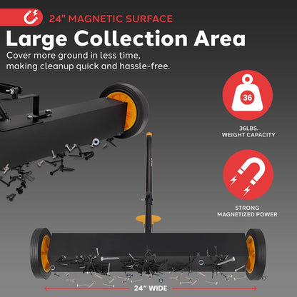 24 Rolling Magnetic Sweeper Heavy-Duty Metal Adjustable Handle Orange