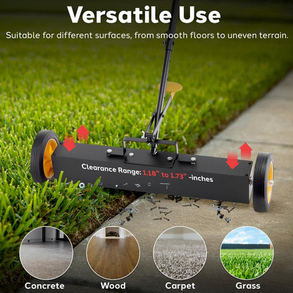 24 Rolling Magnetic Sweeper Heavy-Duty Metal Adjustable Handle Orange