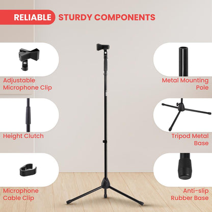 Tripod Microphone Stand Height Adjustable Sturdy Steel Non-Slip Feet