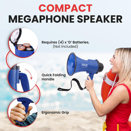 Compact Megaphone with Siren 30W Power Foldable Handle Blue