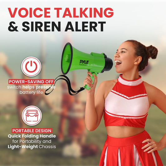Compact Megaphone with Siren 30W Power Foldable Handle Green