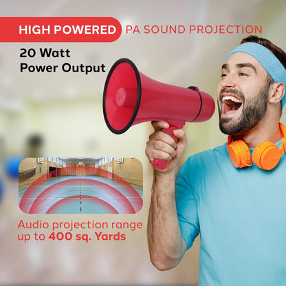 20W Megaphone Bullhorn - 400 Yard Range Aux Input Red