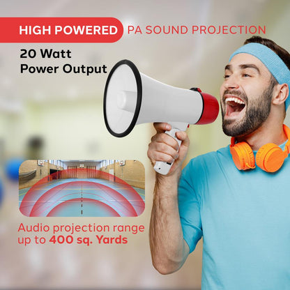 Megaphone Bullhorn 20W 400-Yard Range Aux Input White-Red