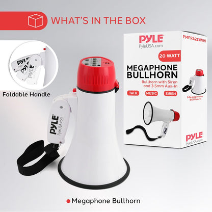 Megaphone Bullhorn 20W 400-Yard Range Aux Input White-Red