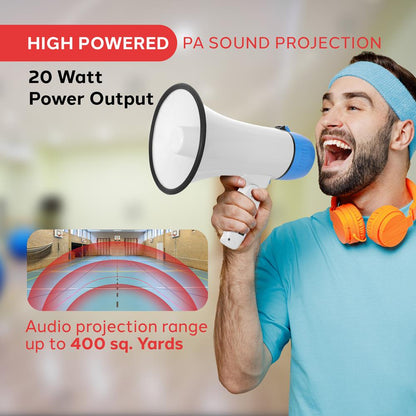 Megaphone Bullhorn 20W 400-Yard Range Aux Input White-Blue