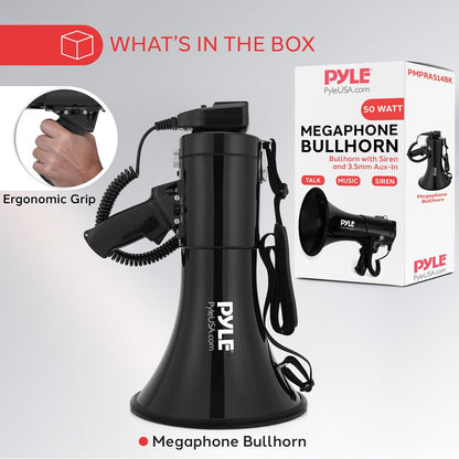 50W Megaphone Bullhorn - Loud Projection Aux Input Portable Siren Function