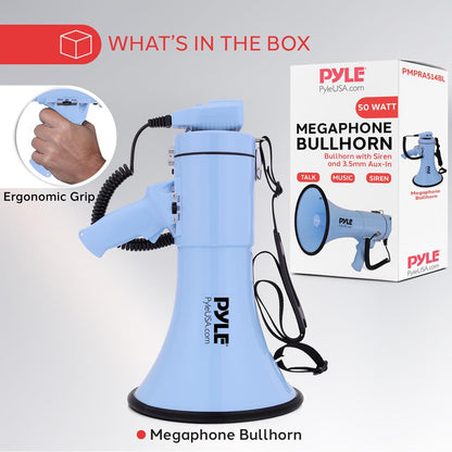 50W Megaphone Bullhorn - Loud Projection Aux Input Blue