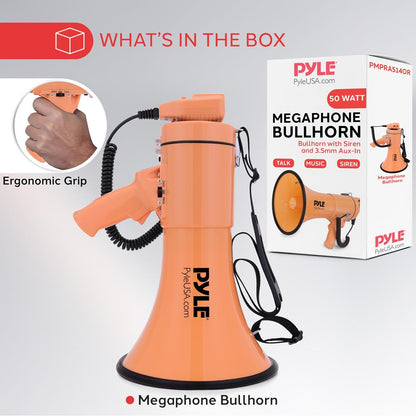 Megaphone Bullhorn 50W 1200 Yards Range Aux Input Orange