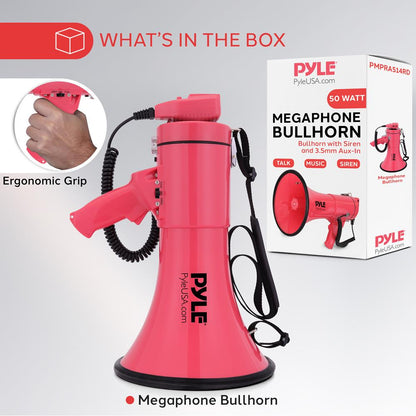 Megaphone Bullhorn 50W 1200 Yards Range Aux Input Red