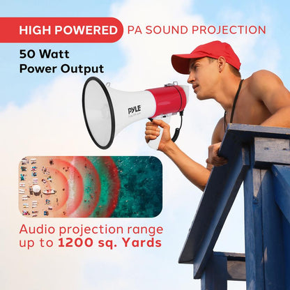 50W Megaphone Bullhorn - Loud Siren Aux Input White-Red