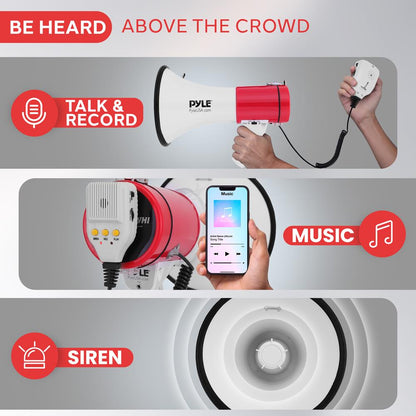 50W Megaphone Bullhorn - Loud Siren Aux Input White-Red
