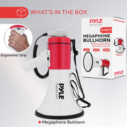 50W Megaphone Bullhorn - Loud Siren Aux Input White-Red