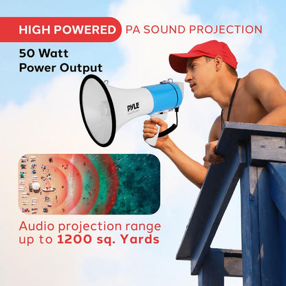 50W Megaphone Bullhorn - Loud Projection Automatic Siren White-Blue