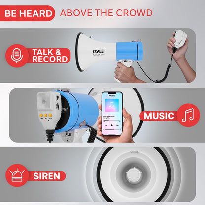 50W Megaphone Bullhorn - Loud Projection Automatic Siren White-Blue