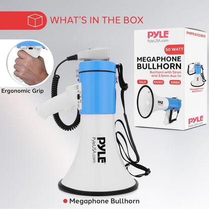 50W Megaphone Bullhorn - Loud Projection Automatic Siren White-Blue