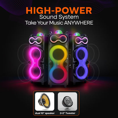 Bluetooth Party Speaker 240W Powerful Bass Dual 10 Speakers LED Lights