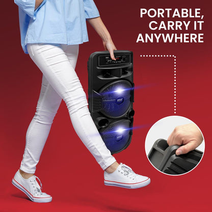 Portable Bluetooth PA Speaker 600W Rechargeable Dual 8 Subwoofer Party Lights