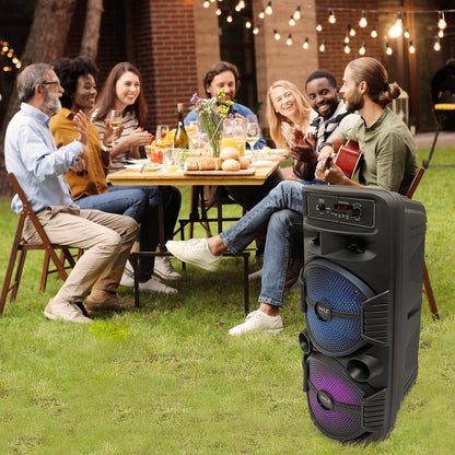 Portable Bluetooth PA Speaker 600W Rechargeable Dual 8 Subwoofer Party Lights