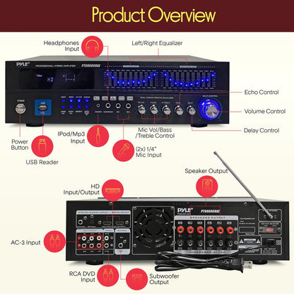 2000W Bluetooth 6-Channel Home Amplifier - Wireless Streaming USB/AUX/RCA